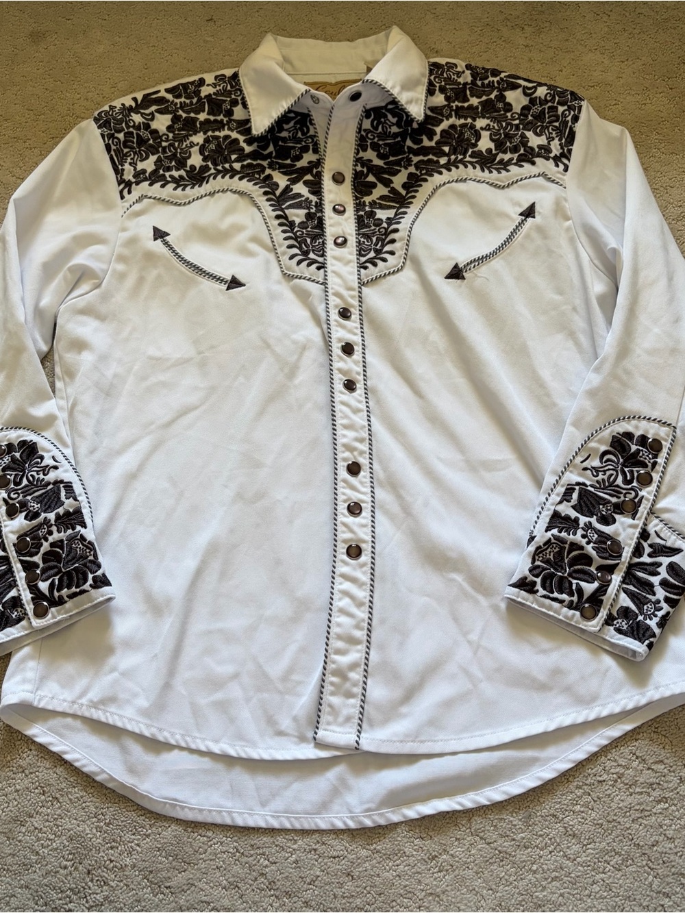 Scully White Western Button-Down Shirt with Black Embroidery